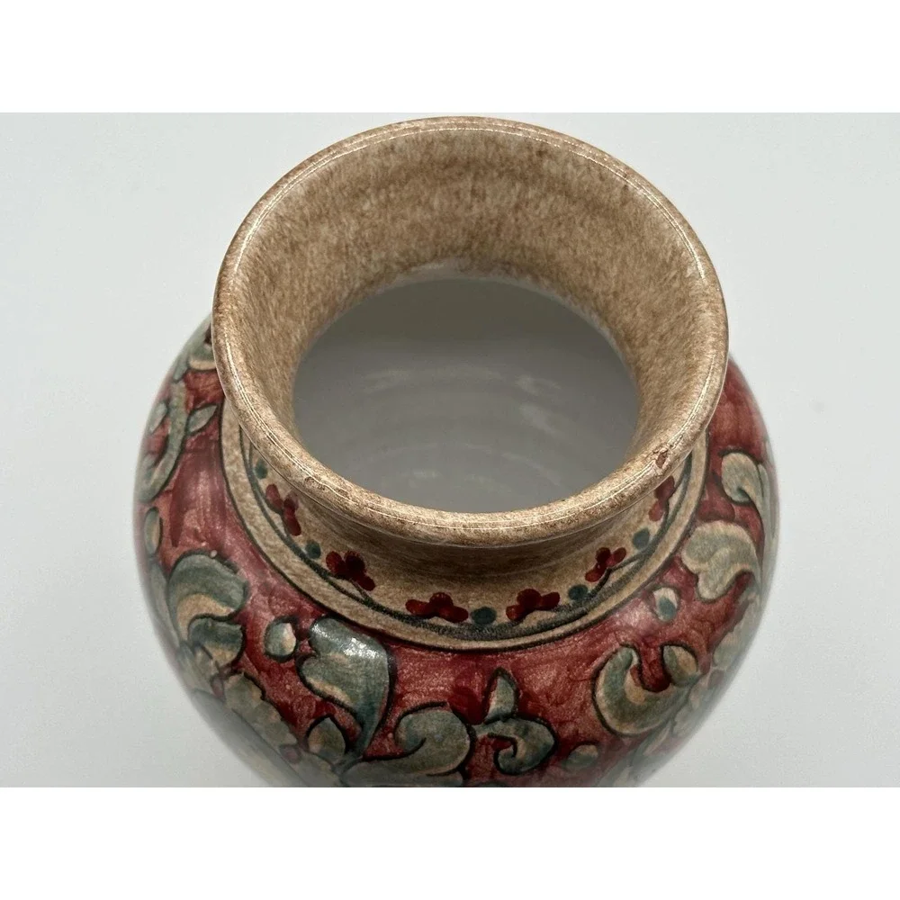 Biagioli Gubbio Italy Art Pottery Vase Hand Painted Floral Red Green Vintage 5